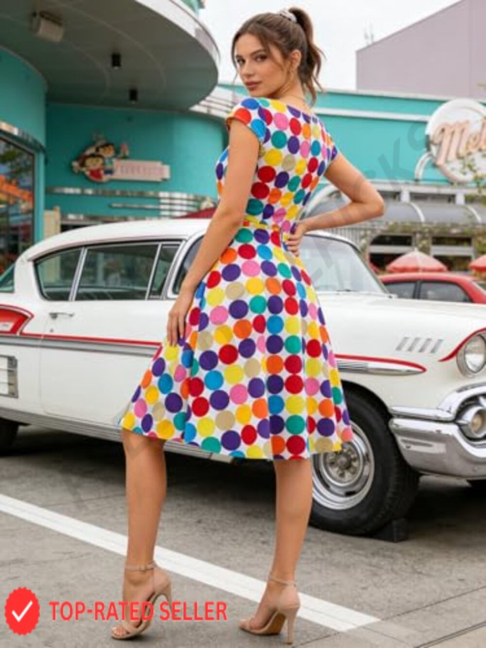 Cap Sleeve Retro Swing Dress with Pockets Cocktail Party Wear 1950s Style A-Line - Picture 6 of 7